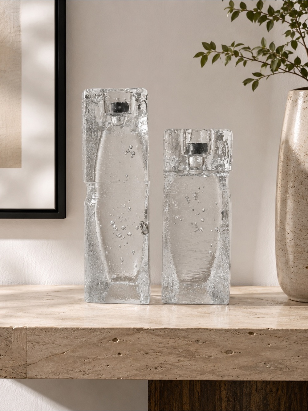 Kosta Boda Clear Textured Glass Sculptural Vases - Pair